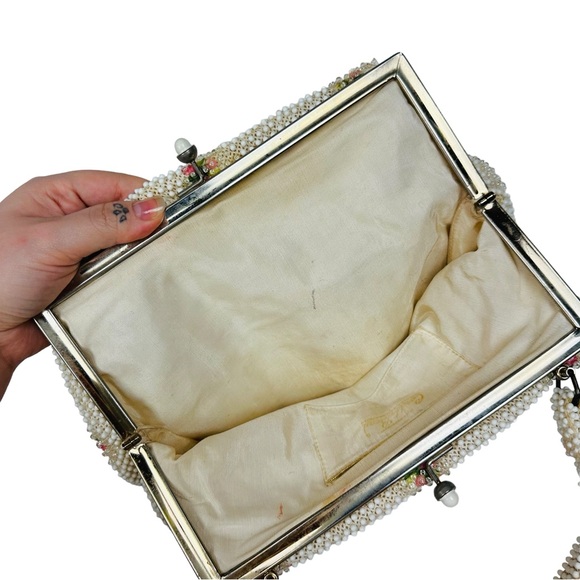 Lumured 1950s Corde Beaded Floral Embroidered Mini Bag Clutch Purse Cream Pink - Picture 6 of 15